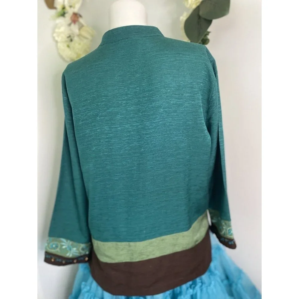 Erin London Womens L Silk Button Down Embroidered Jacket Blazer Green Vintage - Picture 6 of 16